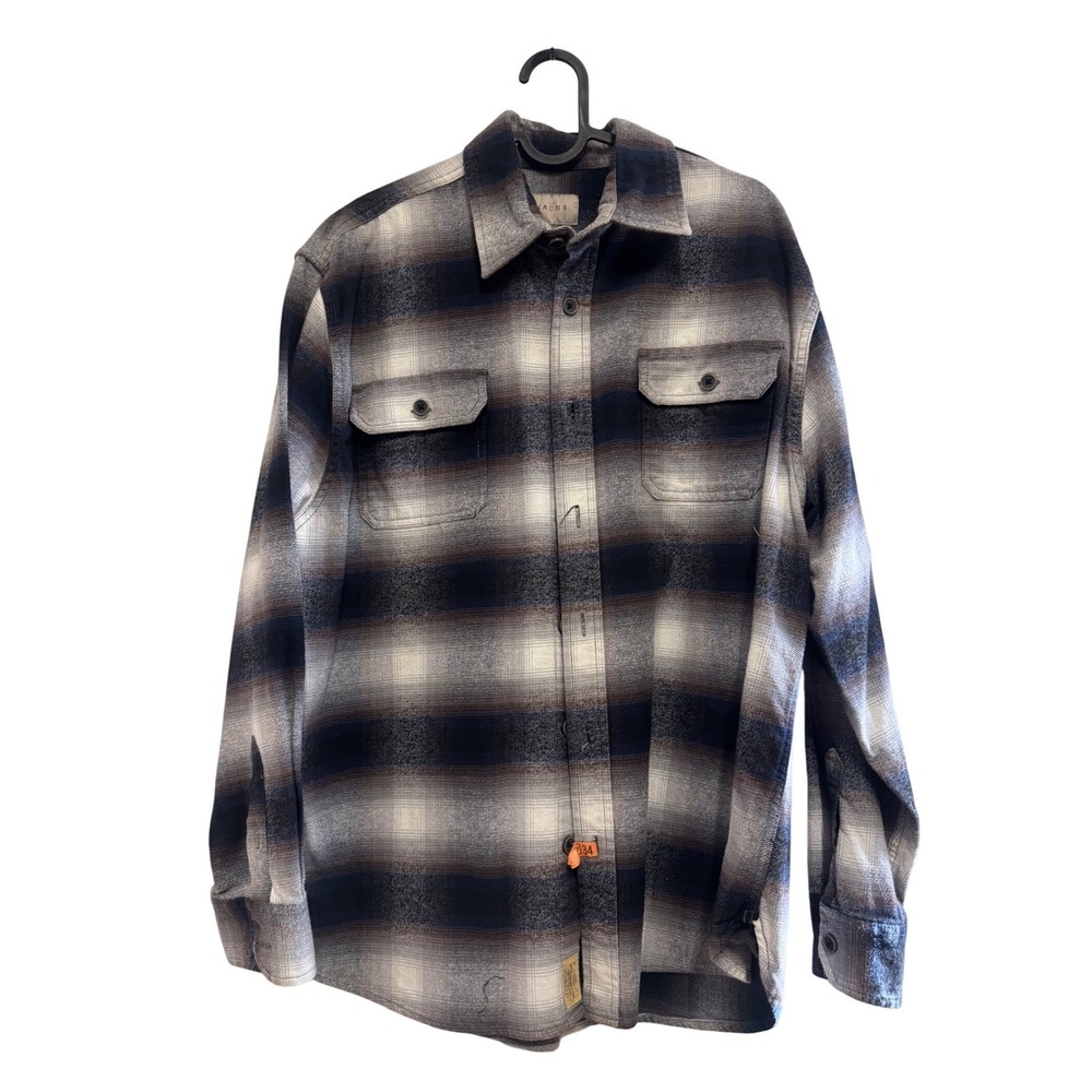 Jachs NY Mens Plaid Flannel Shirt Long Sleeve Navy Brown 100% Cotton Large‎